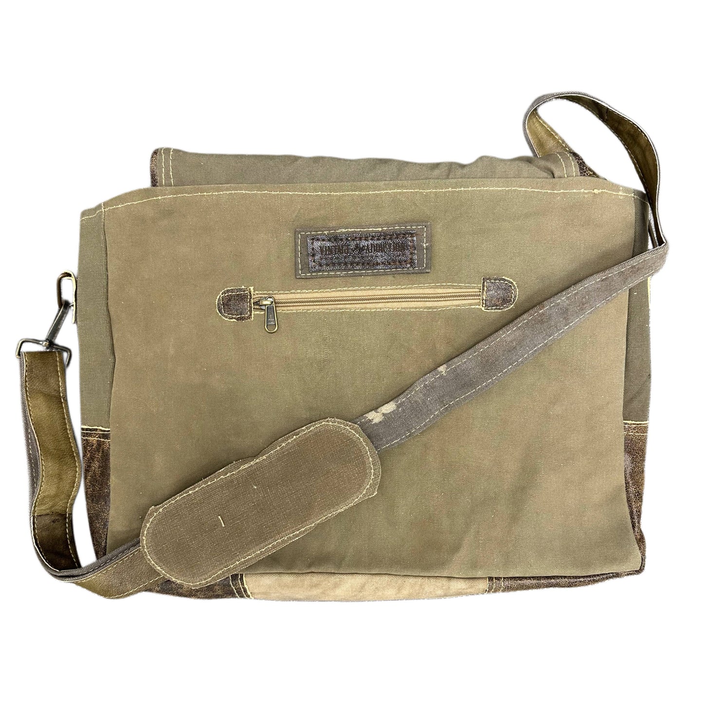 Vintage Leather and Recycled Military Tent Messenger Bag – close-up detail – H6 Outfitters