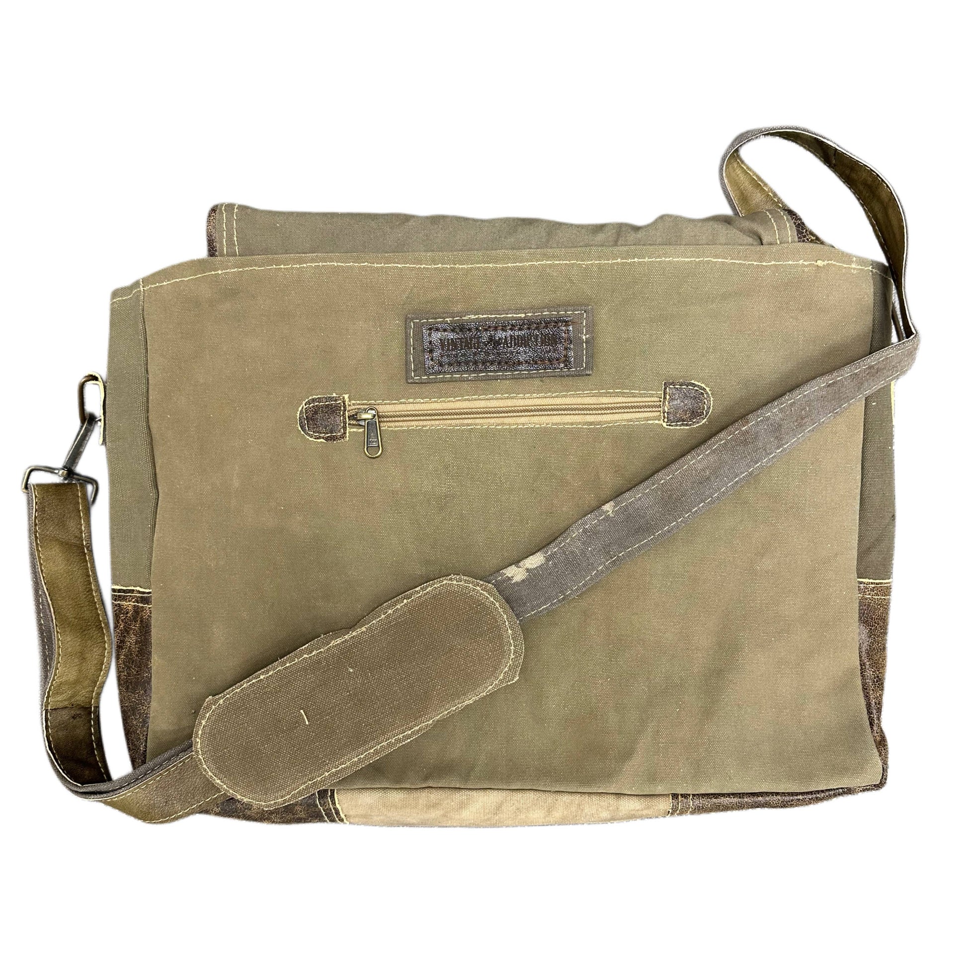 Vintage Leather and Recycled Military Tent Messenger Bag – close-up detail – H6 Outfitters