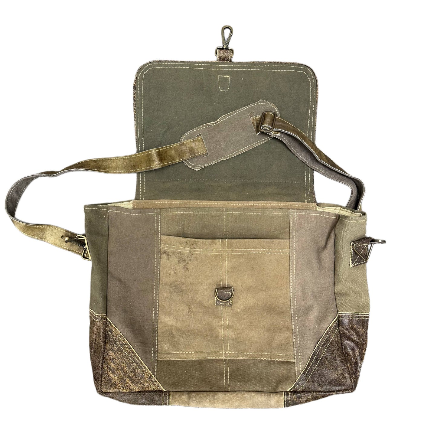 Vintage Leather and Recycled Military Tent Messenger Bag – alternate angle – H6 Outfitters